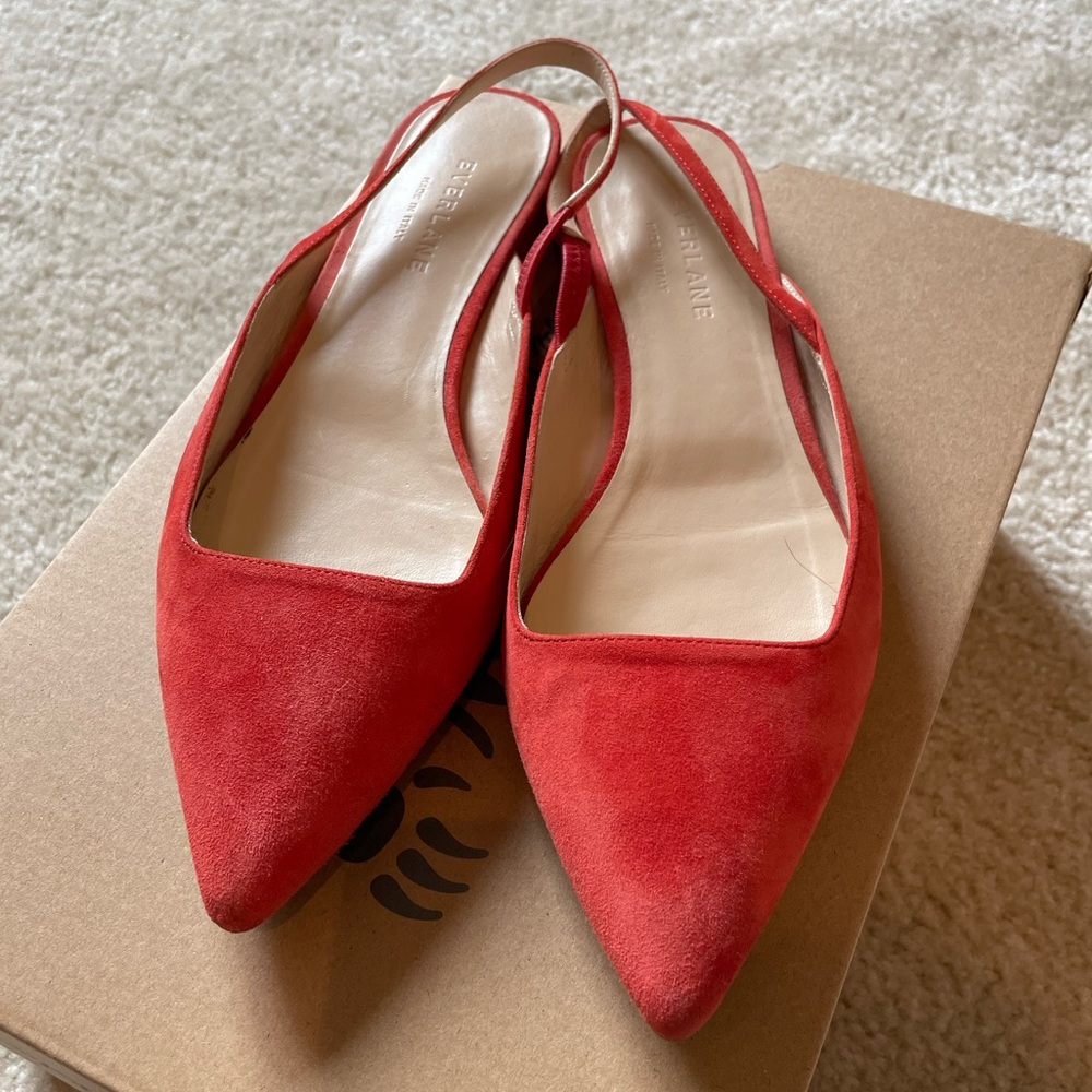 Orange/red suede everlane strappy flats